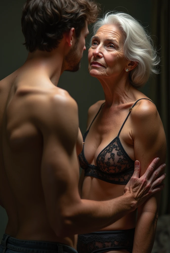 Joven Handsome con cara linda, Handsome, delgado, shirtless, sitting by the window while his grandmother knits for him, hombre Handsome 