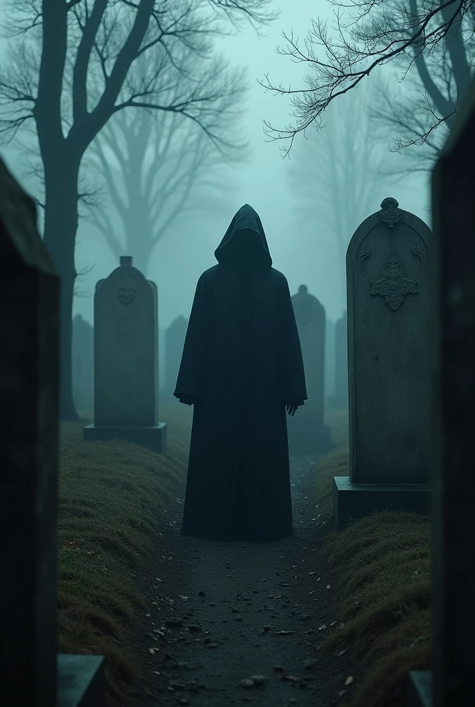 A half-hunched Catholic monk dressed in a dark grey robe with the hood up so his face cannot be seen, in the middle of a foggy cemetery at night that remains in the hills of an old town at night  
