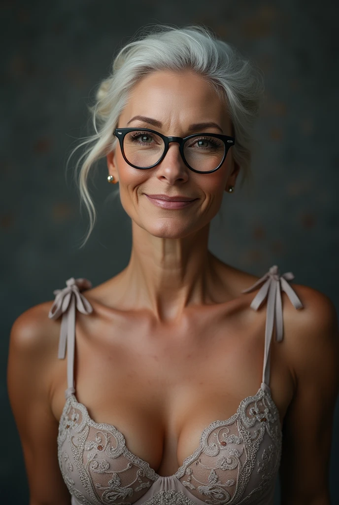 spectacled curly long grey hair older mature lady in unbuttoned silk very tight skimpy midriff-shirt, (abs:1.4), she is a world class BJJ expert with decades of grappling experience, (wearing light blue small panties), add_detail:1, ((beautiful feminine face)), (((ready to suck you off:1.5))), (perfect lighting), (((sultry look)))