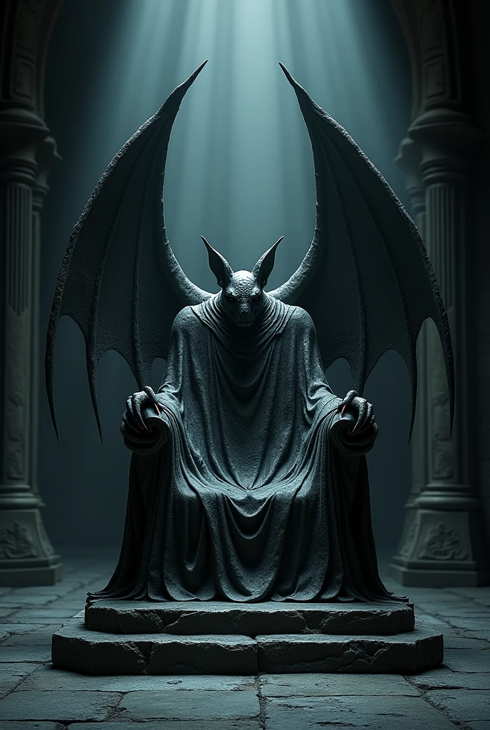 A simple throne made of stone shaped like a bat and with large wings on the sides and claws on the armrests