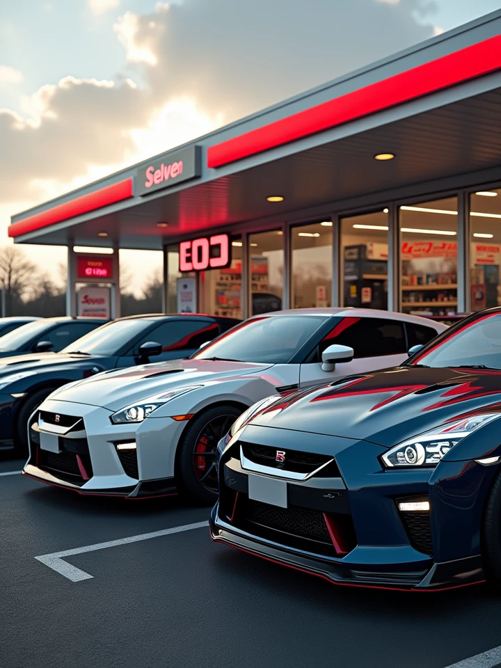 All car from Nissan GTR group parking in front of Severn eleven mart Masterpiece, Best Quality, Detail, Damaged, Award Winning, Accurate, High Resolution, 