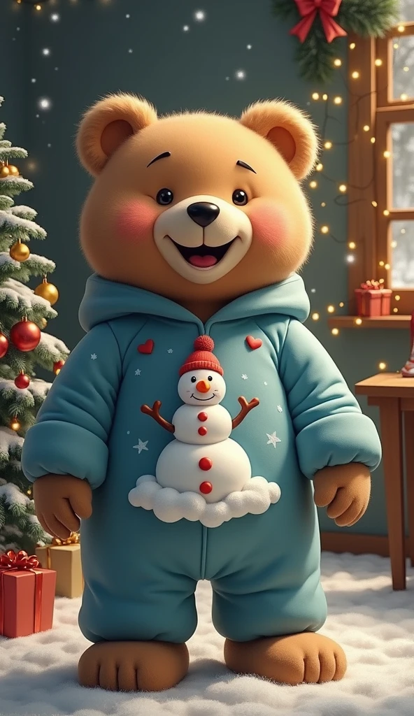 An ultra-realistic oil painting of an adorable big bear, smiling in a Christmas setting. The bear has an extremely happy expression, dressed in a light blue jumpsuit with a rubber snowman on the front, decorated with white clouds. The background features a cozy Christmas atmosphere with holiday decorations, twinkling lights, and a warm winter atmosphere.