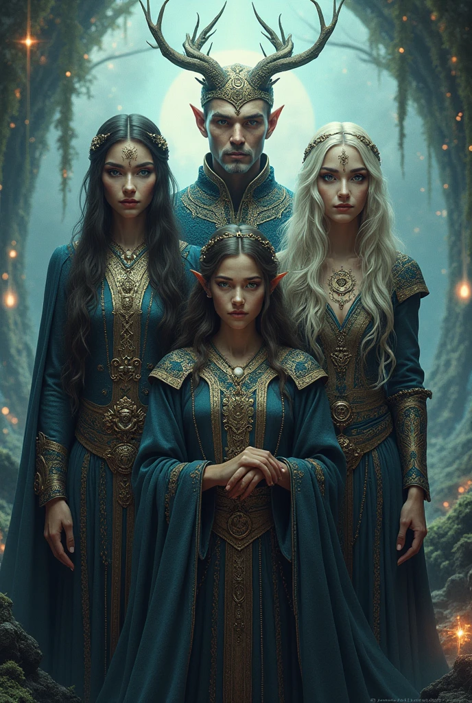 a close up of three people with long hair and headdress, cinematic color grading, dark elf princess, yulia nevskaya, rammstein, avatar with a blond hair, aztec empress, nephilim, asterix, rack focus, ukrainian girl, ancient --auto --s2