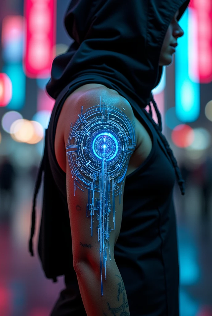 A close-up view of a detailed cyberpunk-themed back tattoo，Tattoo located in the center of the back，Starts from the upper trapezius muscle and extends to the waist，Design includes gears，Digital circuits，Elements and future urban landscapes，It reflects the fusion of mechanical and digital aesthetics in the cyberpunk genre，Colors include neon blue，Purple and metallic silver outline，The surrounding skin is clean and healthy，Presents a sharp contrast between organic and inorganic elements