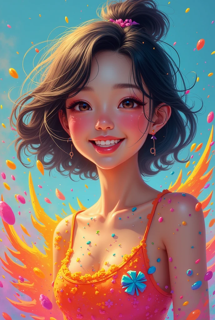 Beautiful happy asian girl covered in shit, digital art