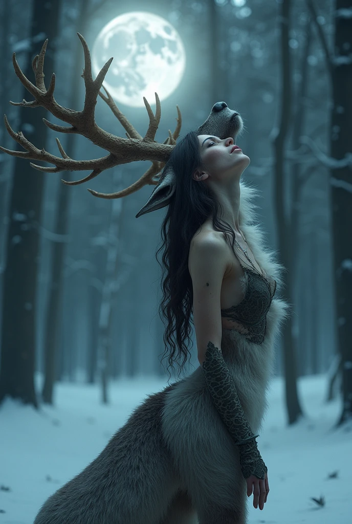 fauns, satyr,( hooves:1.3), 1boy ,1girl, (goat legs:1.2), (fur covered legs:1.1), (furry legs:1.1) (gray and white fur:1.2), deer antlers, (masterpiece:1.2), dark fantasy, (monster girl:1.1), 1girl, beautiful, (perfect anatomy:1.1), nighttime forest, night sky, closeup shot,