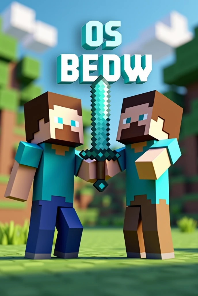  Photo of 2 Minecraft Steves holding a diamond sword with the title "OS BEDW "  in the middle of the 2 