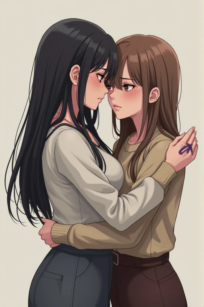 Sexy and cute woman, black brown hair, long hair, straight hair, weak eyes, blushing intensely, lips parted, ready to kiss, long oversized white shirt