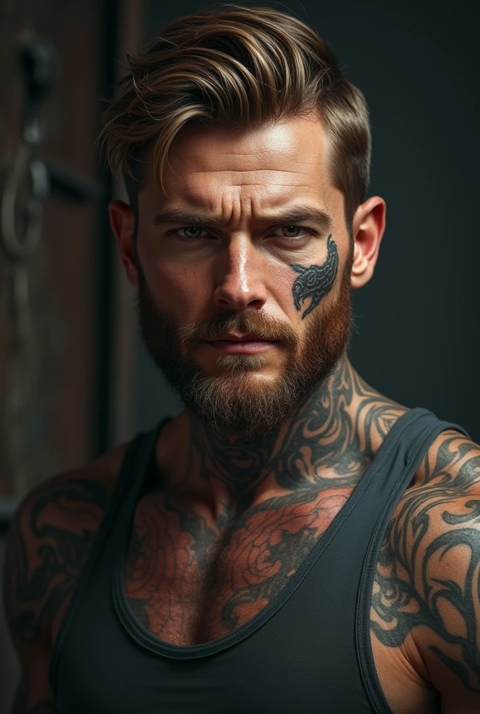 Create a blonde adult male, Mustache and goatee, who wears a bandage on his face and who is a criminal. He has tattoos all over his body and is strong.