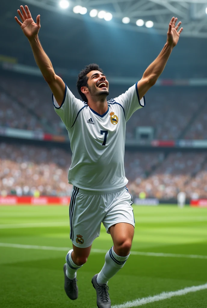 Real Madrid football player named Davi wearing number 6 shirt celebrating realistically