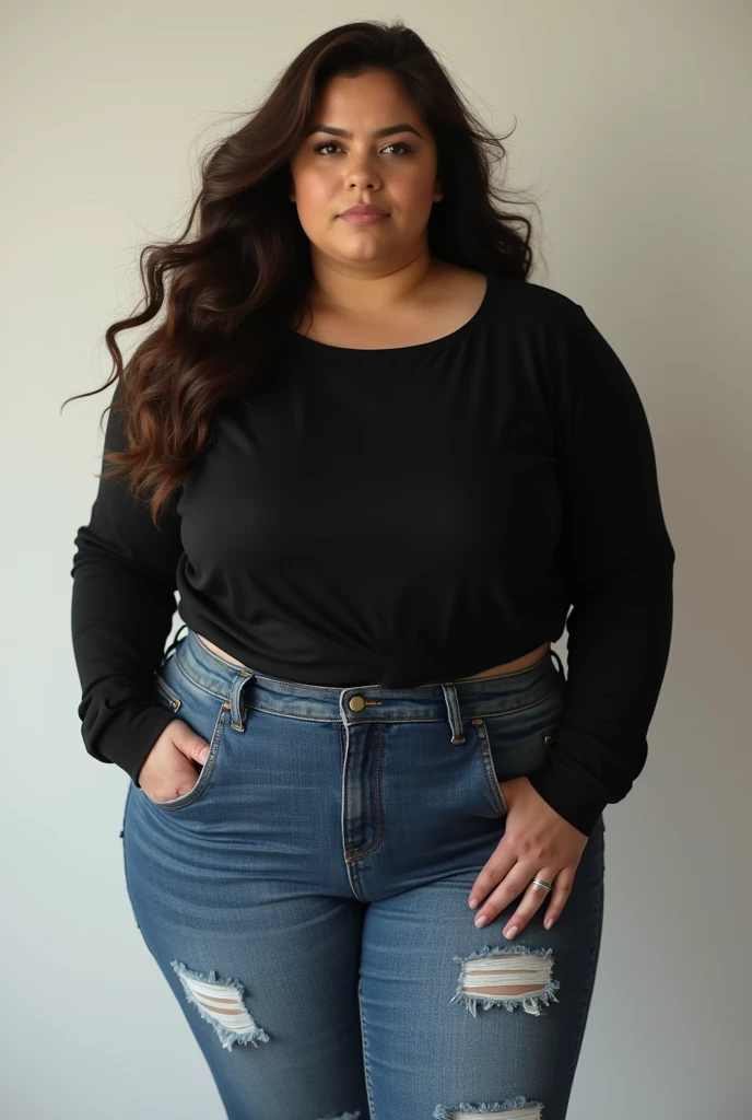 (best quality,ultra HD,realistic:1.2),pretty woman, very fat, jeans, black t shirt, double chin, standing, outdoor environment, distant shot, ultra-detailed,vivid colors