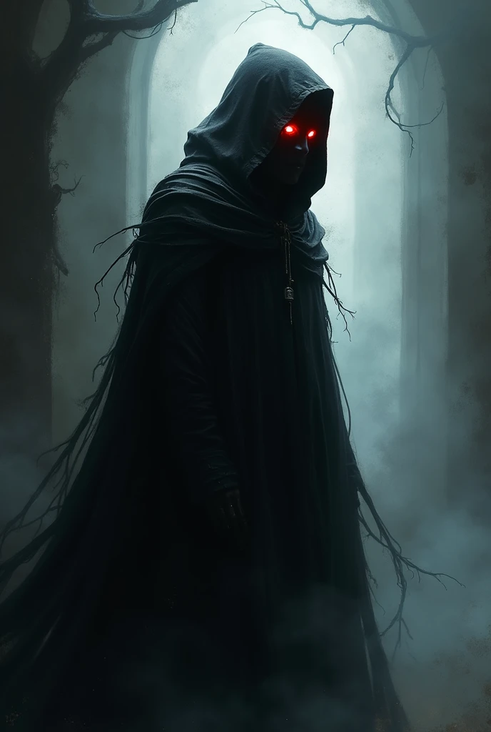 Instead of constant physical fitness, Umbrafex is an entity with a silhouette that seems constantly in flux., changing shape and size. His appearance is reminiscent of a humanoid being wrapped in a cloak of living shadows that swirl around him..
bright Eyes: In the midst of the darkness that surrounds him, Two eyes glow brightly in shades of violet or dark red, radiating a light that seems to penetrate the souls of those who look at it.
Undefined Appearance: Sometimes, His body seems to fade into the mist, only visible in dim flashes of light. It has elongated limbs that look like they are made of smoke and its face is partially covered by a veil of shadows., letting only his eyes be seen.
Aura of Silence: His presence muffles the sounds around him, creating a bubble of eerie silence wherever it is. This gives you a tactical advantage., since their movements make no noise and their voice resonates in whispers that seem to come from everywhere