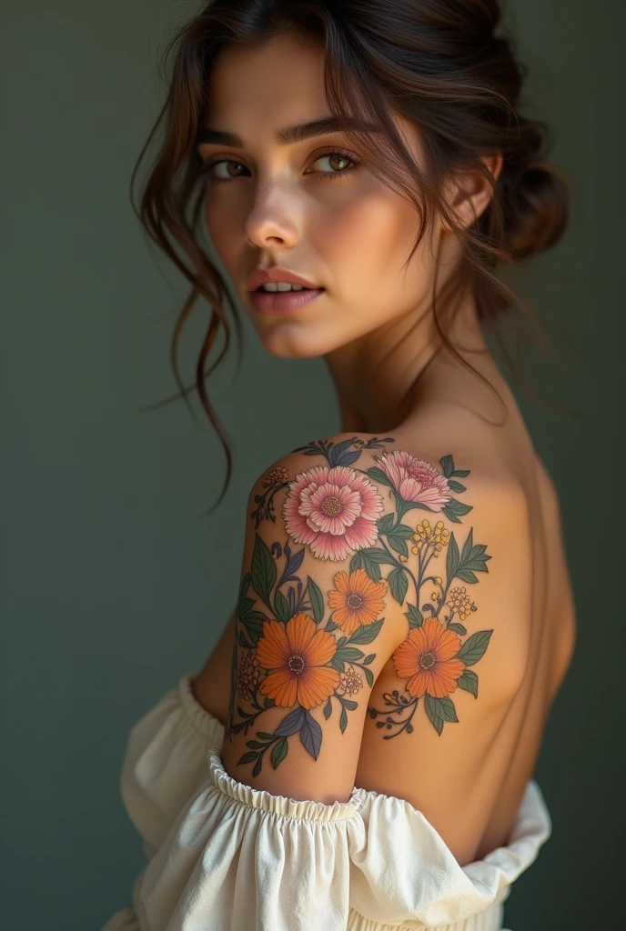 A lovely woman, kneeling with her back to the viewer, delicate flowers tattooed on her bare back, professional photography, high quality, detailed, photorealistic, soft natural lighting, warm color palette, serene atmosphere, intricate tattoo details, graceful pose, beautiful skin tones, cinematic composition, dramatic shadows, depth of field (safe for work)