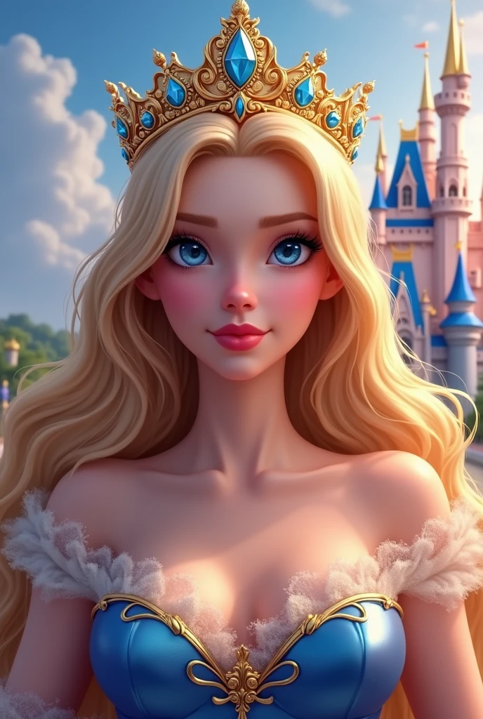 Logo title: The Princess Congress, a princess with long blond hair, blue eyes and a luxurious crown, magical background inspired by the Disney 3d castle