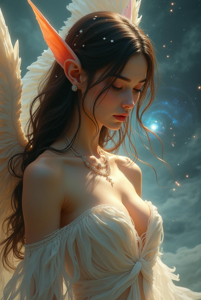 Portrait of a bust, elf, (best quality, 8K, masterpiece: 1.3), petite body, (beautiful and detailed eyes), (super detail), (desktop wallpaper), beautiful face, (detailed face), clear facial features, human ears, ray luminescence, optical, panoramic illumination, atmospheric perspective, dawn, anti-aliasing: 5D, light painting, color, perfect body beauty: 1.4 , huge wings, symmetrical transparent wings, stunning details, (dynamic pose), bathing in lake water, , gentle sunshine, Light water mist