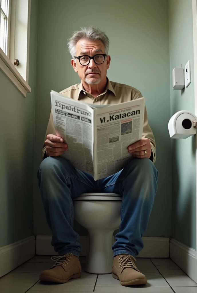 Realism,photography,8K,detail,Man sitting on toilet and reading newspaper