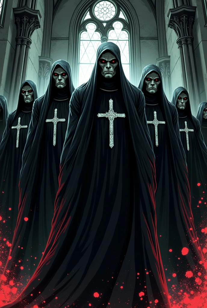 ultra-detailed image in horror comic art style dead people with cadaverous faces, wearing black robes and with hoods up, sitting in the pews of a catholic church and night.