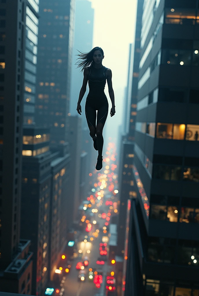 a very thin skinny girl flies over the city aura of magic. naked in heels thin thin legs. . naked in a cave in the dark. Darkness around. It's dark all around,