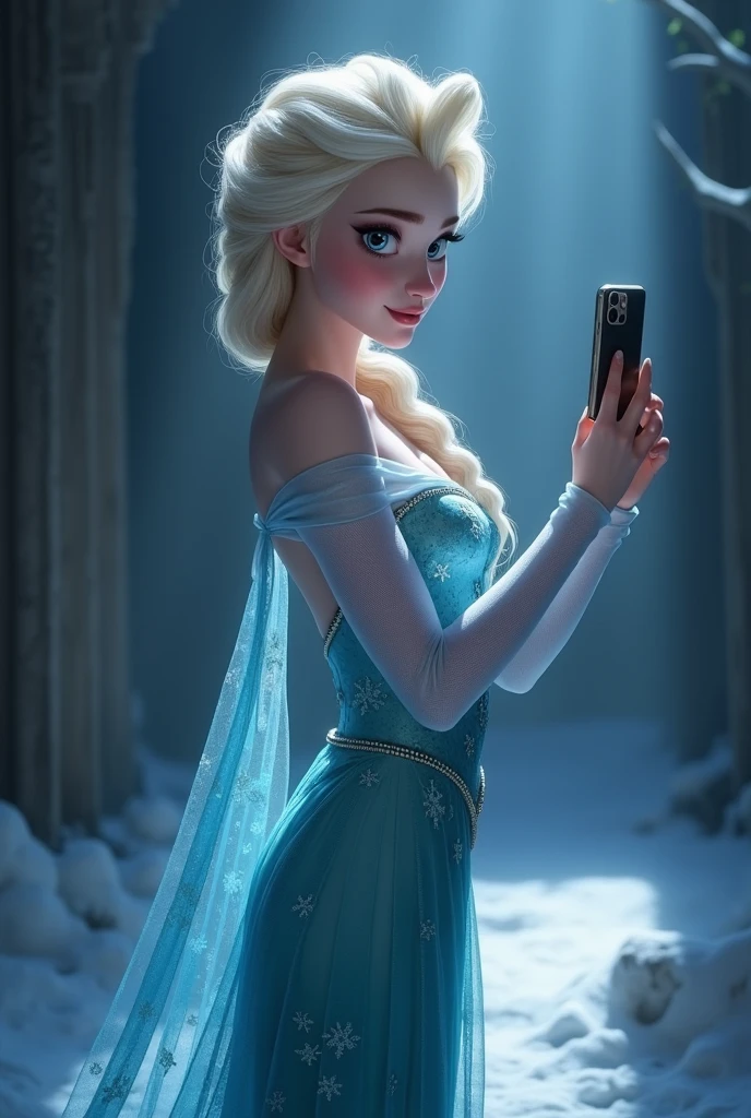 score_9_presence, score_8_up, Elsa, wrapped in towel, medium breasts, cleavage, holding phone
