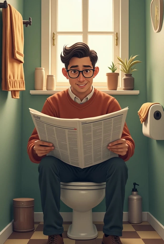 "A casually dressed man, sitting on a toilet in a simple bathroom, reading a newspaper. The environment is typical of a bathroom, with tiles on the walls and a roll of toilet paper next to it. The man seems completely absorbed in reading, demonstrating relaxation and disinterest in what is around."