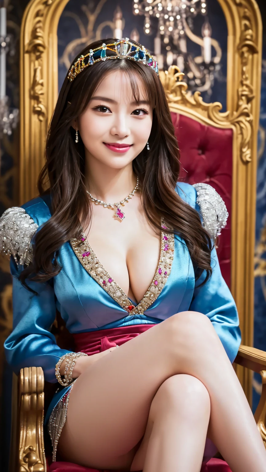 ( medieval queen's clothes wearing colorful jewels : 1.5), (seated on the throne  : 1.5), ( crosses legs : 1.5), ( Royal Background with Chandelier : 1.5), (Put on a tiara  : 1.4), ( curled hair  : 1.4), young and adorable Japanese face, Official Art, high definition CG Unity 8k wallpaper,Ultra high definition ,Very detailed, half photos with Brazil, high definition , Kodak Portrait 400, film grain , lens flare glow, best quality,8k, as a portrait shot,8k, Show viewer, (( best quality)), ( super detailed), smile, (( sexy)), (( Very detailedな)), (detailed clothing features), (beautiful), Illustration, beautiful Japanese woman, ((1 female)), (Bold Cleavage : 1.3)