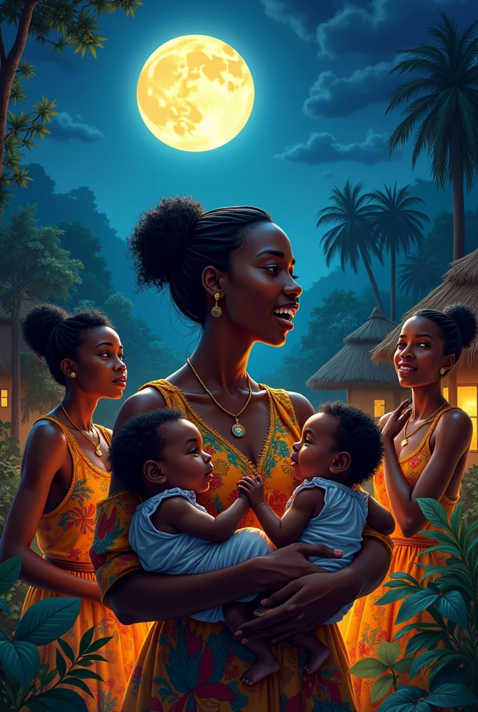 ((Highest quality)), ((masterpiece)), (detailed), （Perfect Face）、The woman has bright black skin、（Ghana braids with strong curly hair slicked back）、Black, dark skinned, African native tribal woman、The amount of hair is small、Light brown hair、Very short curly hair、Ghana braid hair, finely and delicately braided into Ghana braids and slicked back、Her hair is braided and thin, and she wears a tribal headdress and a tribal headscarf.、African black woman beautifully dressed in tribal clothing, tribal earrings and tribal accessories, wearing tribal makeup、A beautiful tribal woman with tattoos all over her body、Women in tribal village night rituals、the woman is pregnant、The woman&#39;s hair is dyed black by the other women in the village and styled like an African woman&#39;s.