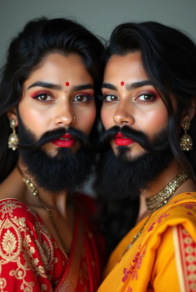 a group of young indian women wearing sarees having beard and moustache
