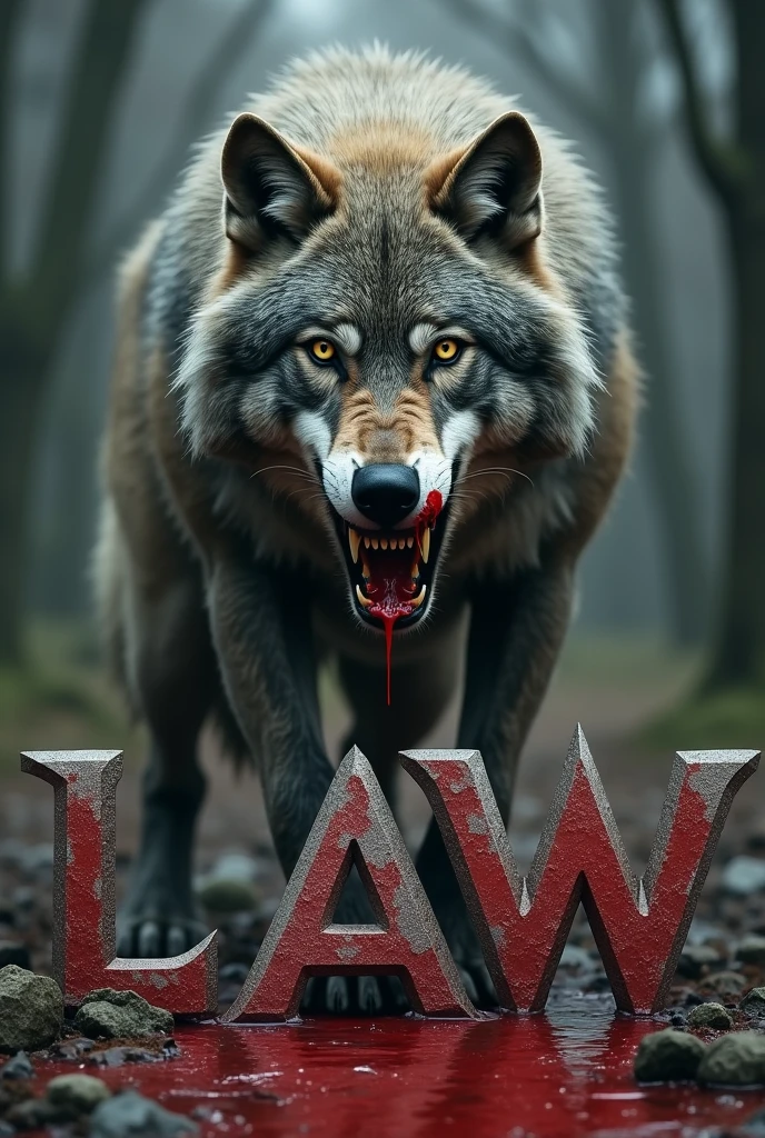 A name of "Alaisha Singh" in it in a creative format . Dark colour with black background in horror theim with a jungle in it . With a head of a smiling Wolf who has blood in mouth in the background.