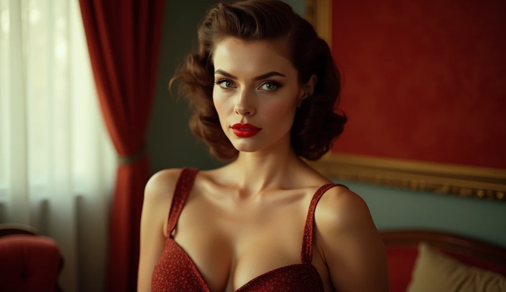 Portrait photo of a Pin-Up Girl in 1940s and 1950s Style, large natural breasts, busty, cleavage, hair parted to one side, beautiful, Vintage Travel Poster, Realistic Style, Retro Art Inspiration, Camera: Vintage Lens 50mm, Shot: Close-Up, Render Style: High Detail, Color Palette: Vintage Sepia Tones, Lighting: Soft Ambient Light, Resolution: 4K