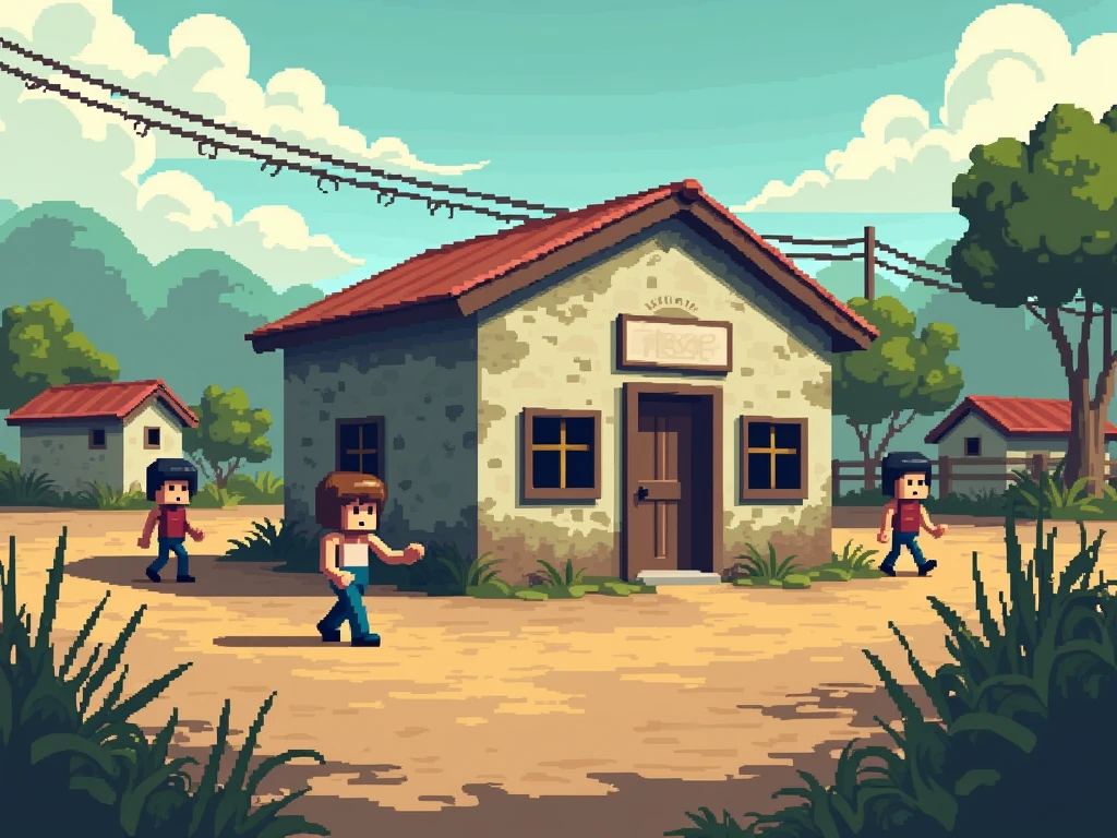 Images of games,  Minecraft graphic, Pixel art. A school in Brazil ,  simple and poor school.  Movie scene