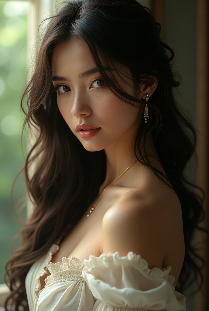 (Raw photo, Best Quality), (Realistic, Photorealsitic:1.3), masutepiece, extremely delicate and beautiful, Extremely detailed, nffsw, Unity, 8K, amazing, finely detail, Ultra-detailed, hight resolution, absurderes, Soft light, (Black hair, Short hair, Curly hair, hair messy, Bangor Tiful Detail Girl, Detailed fingers, extremely detailed eye and face, beautiful detailed nose, Beautiful detailed eyes, (Light on Face), Looking at Viewer, (Closed mouth:1.2), 1girl in, Cute, 年轻, Mature Face, pale skin, (Half body:1.3, sittingium&#39;breastsout), Realistic face, Realistic body, beautiful detailed thigh, (ulzzang -6500-v1.1:0.6), Black shirt,  (Semi-smile:1.3),cowboy  shot