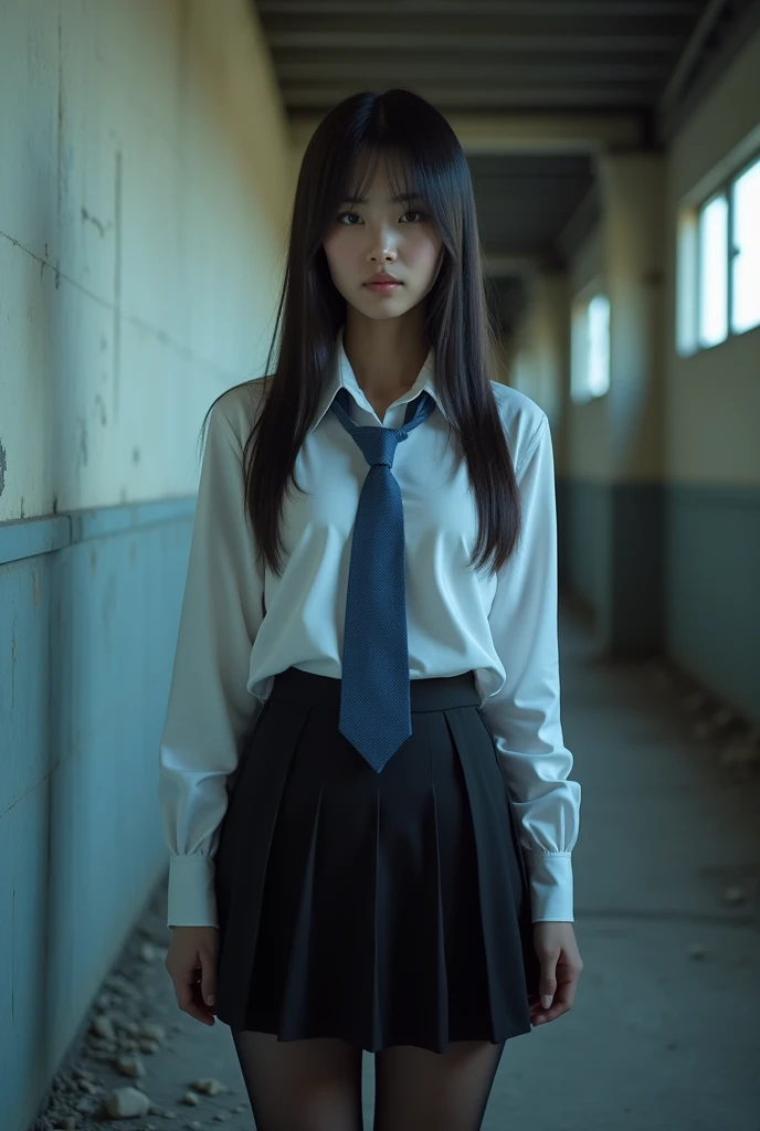 relaxed girl in a school classroom,long purple hair,sailor uniform,serious expression,cold atmosphere,best quality,masterpiece,unparalleled masterpiece,surrealistic 8k,perfect artwork,super detailed,best quality,4k masterpiece wallpaper aesthetics,award-winning art,cinematic lighting