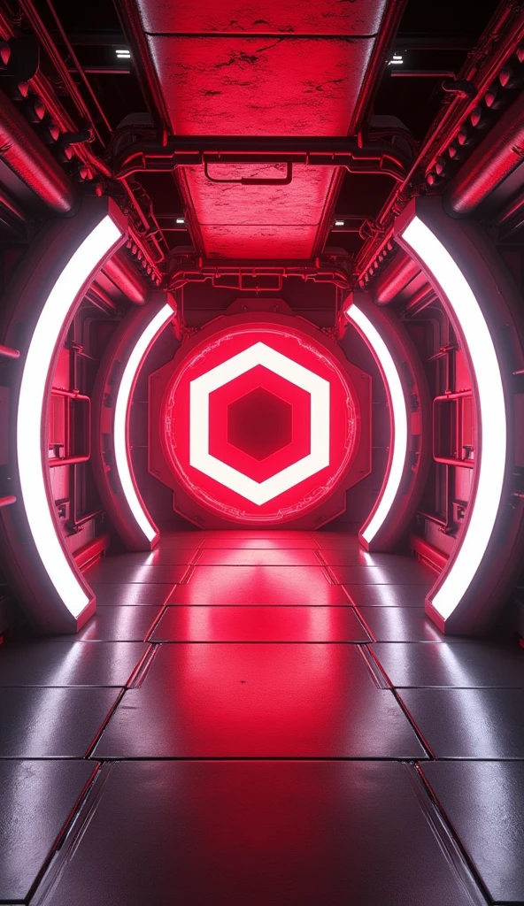 LEDs cyber punk tunnel metal center crimson hexagon neon,  three laterally long windows with neon white glow