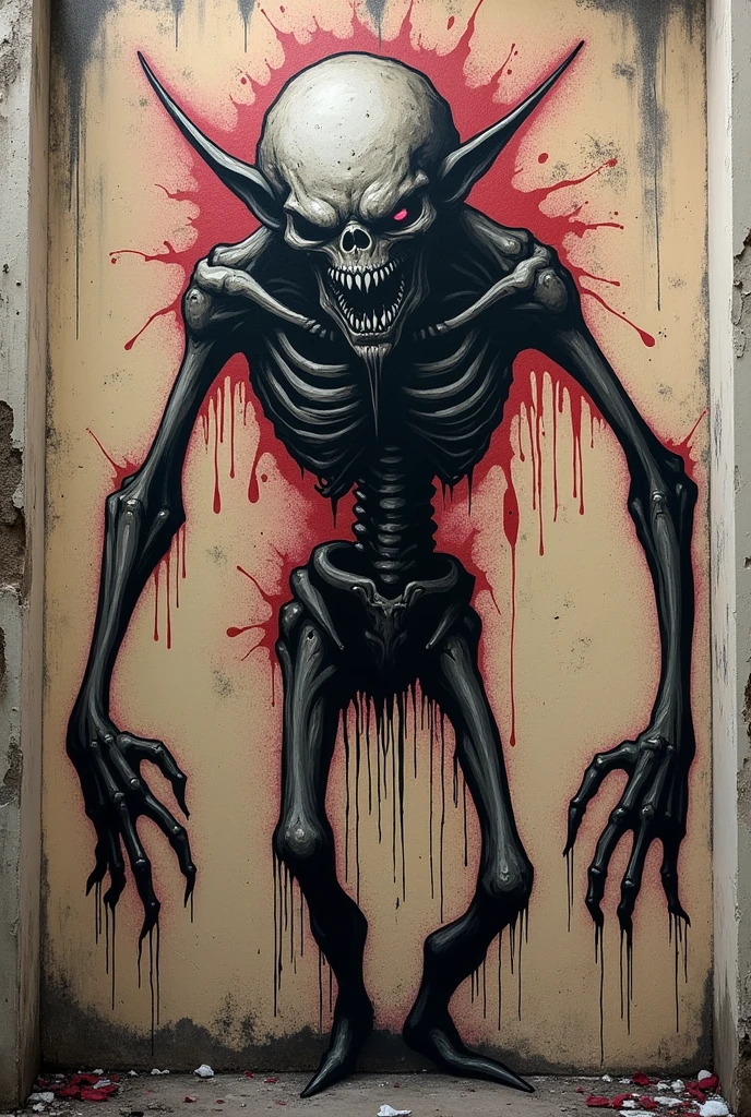 graffiti on a crumbling and cracked old wall with weather old paint of a black and white line drawing of a skelewag style, skelewag werewolf, <lora:Skelewags_Style_XL:1>