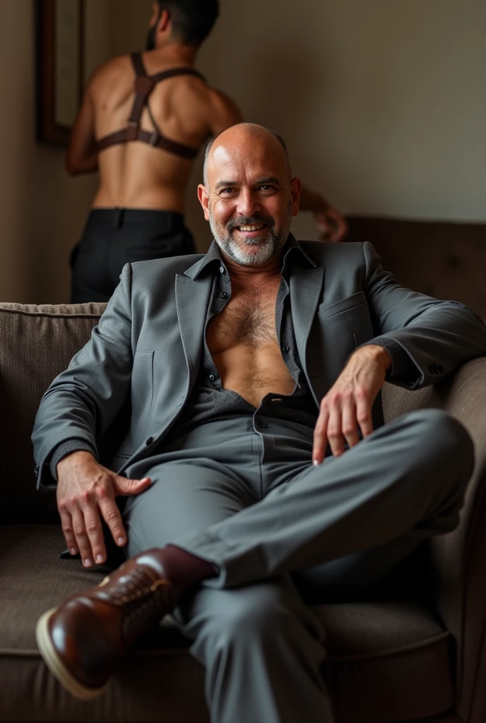 40 years old,Hidetoshi Nakata,(Kogoro Mori 1.3),whole body,Lean,muscle,office,Kneeling,black,foot,black袜子,sofa,Baldhead ,transparent,Thick body hair,underwear,Topless,Densely hairy,Fortitude,HD,With a mustache