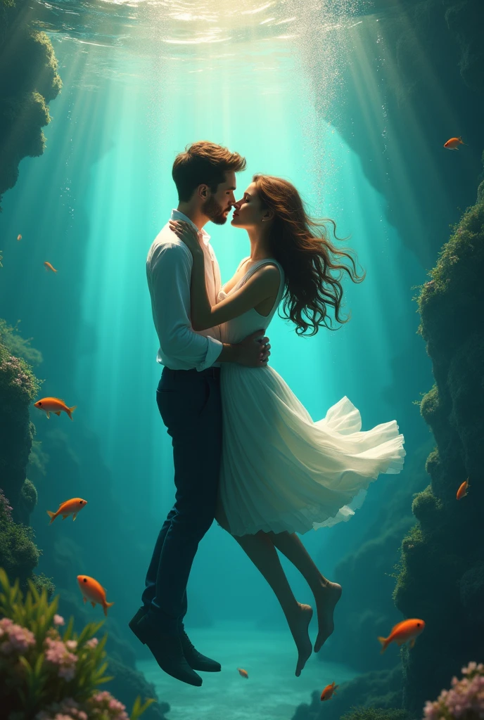 a smiling woman with orange hair holding a man underwater with her hand