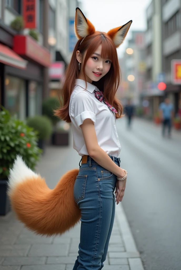 Girl with a tail in a skirt on the city street, Fox tail, fluffy tail, Furry tail, female furry mini cute style, thick fluffy tail, Surprised face, a picture, top-quality