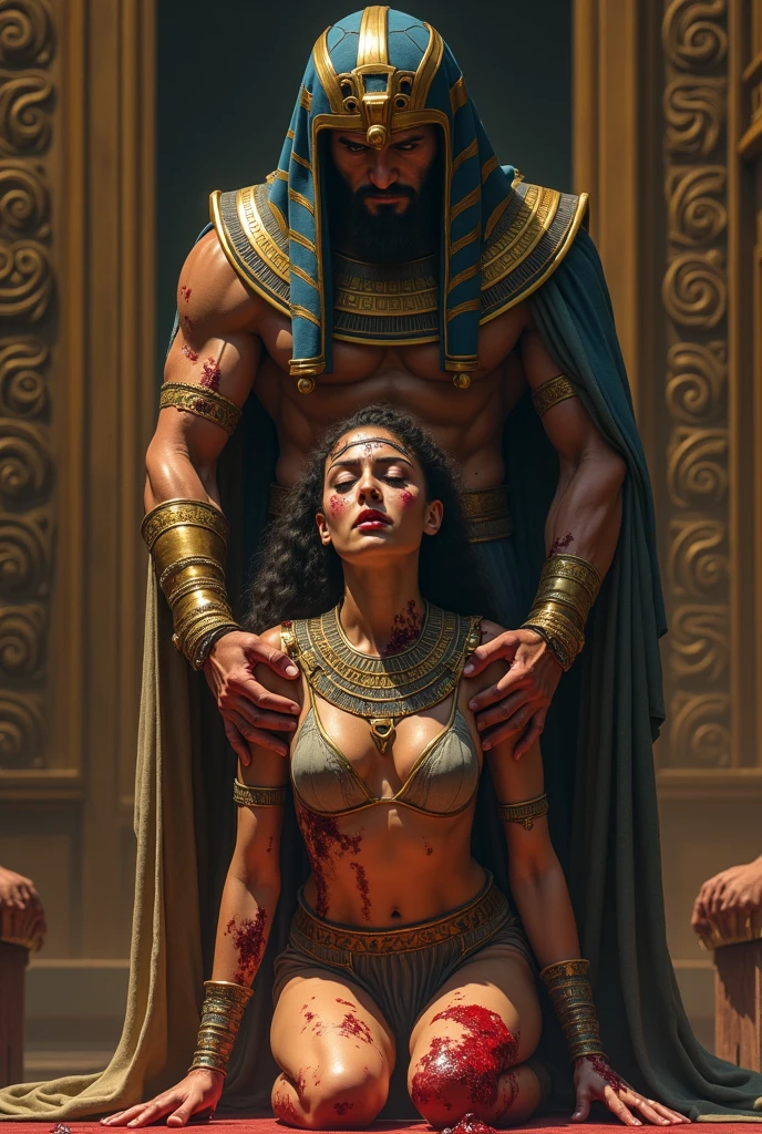 Top quality, perfect anatomy, ultra-detailed, a seriously polite Japanese boy is transformed by the priests into a busty Egyptian princess and presented before the Pharaoh.