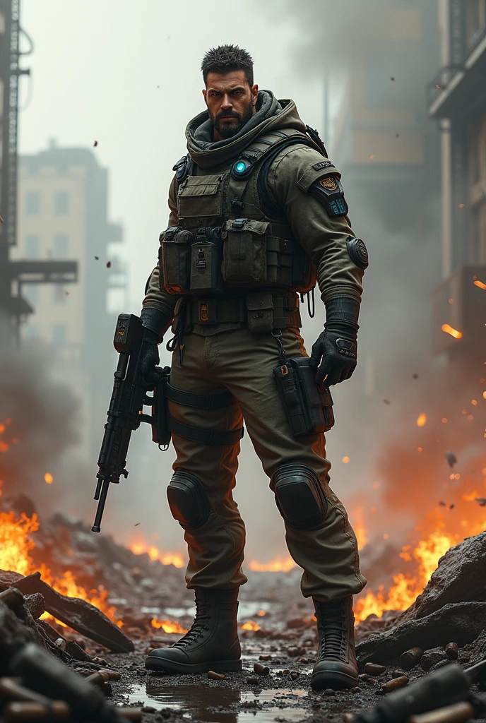 war photograph, a 3d octane render of a camouflage futuristic soldier on one knee in a gunfight, war torn urban area on fire, unreal engine 5, sci-fi, subsurface scattering, hyper-realistic, concept art, illustration, extremely detailed combat backdrop, intricate, sharp lines, crisp focus, fascinating, 8k, smooth, incomparable, immersive combat background
