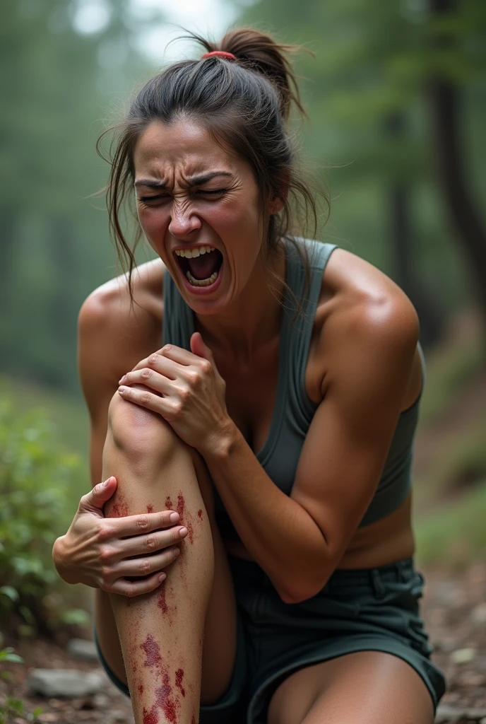 The fitness girl with eight abdominal muscles was beaten by a little girl，Kneeling on the ground，Visible abdominal muscles，Defeat and injury，Abdominal muscle swelling and bleeding，Covered in blood，Painful expression，Abdominal muscle injury，Full of scars，Bruising, redness and swelling