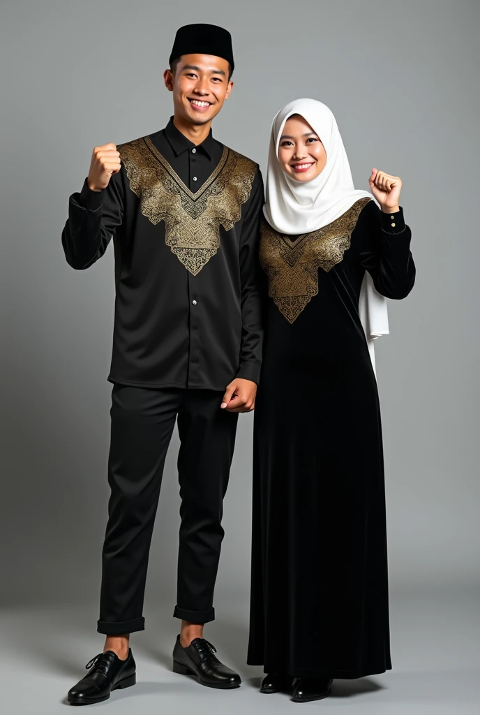 a photo of an indonesian family, a father and mother aged 2, a child, wearing a black formal batik shirt with a full pattern of purplish-white leaves and black peci for men and sharia gamis with the same motif for women, realistic photo of the whole body, white living room background, curtains, green vases, professional,