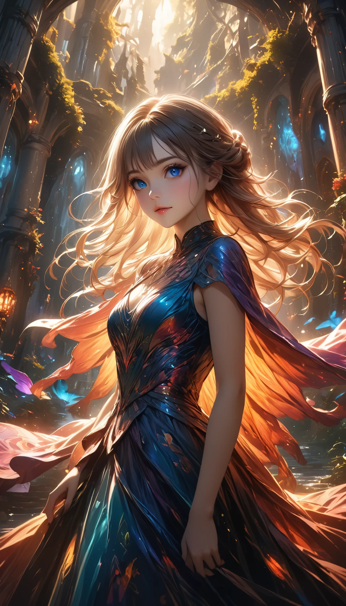 Hey,Scramble Wonder!,beautiful girl,extremely detailed eyes and face,long eyelashes,elegant dress,photogenic,vibrant colors,vivid lighting,dreamy background,fantasy landscape,mystical atmosphere,award-winning digital art,concept art,highly detailed,8k,photorealistic,masterpiece,intricate,cinematic,stunning