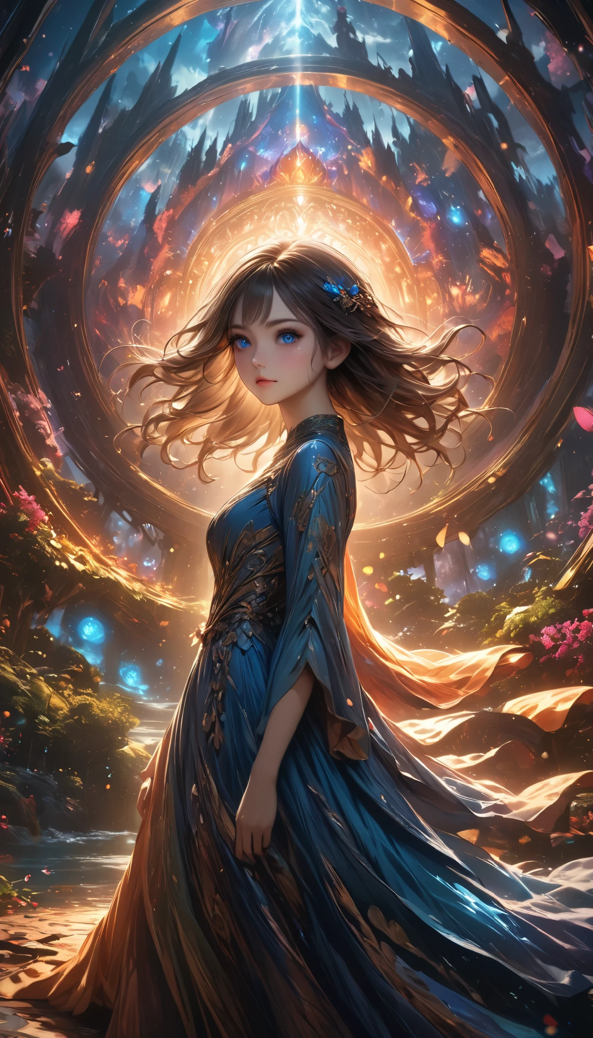 Hey,Scramble Wonder!,beautiful girl,extremely detailed eyes and face,long eyelashes,elegant dress,photogenic,vibrant colors,vivid lighting,dreamy background,fantasy landscape,mystical atmosphere,award-winning digital art,concept art,highly detailed,8k,photorealistic,masterpiece,intricate,cinematic,stunning