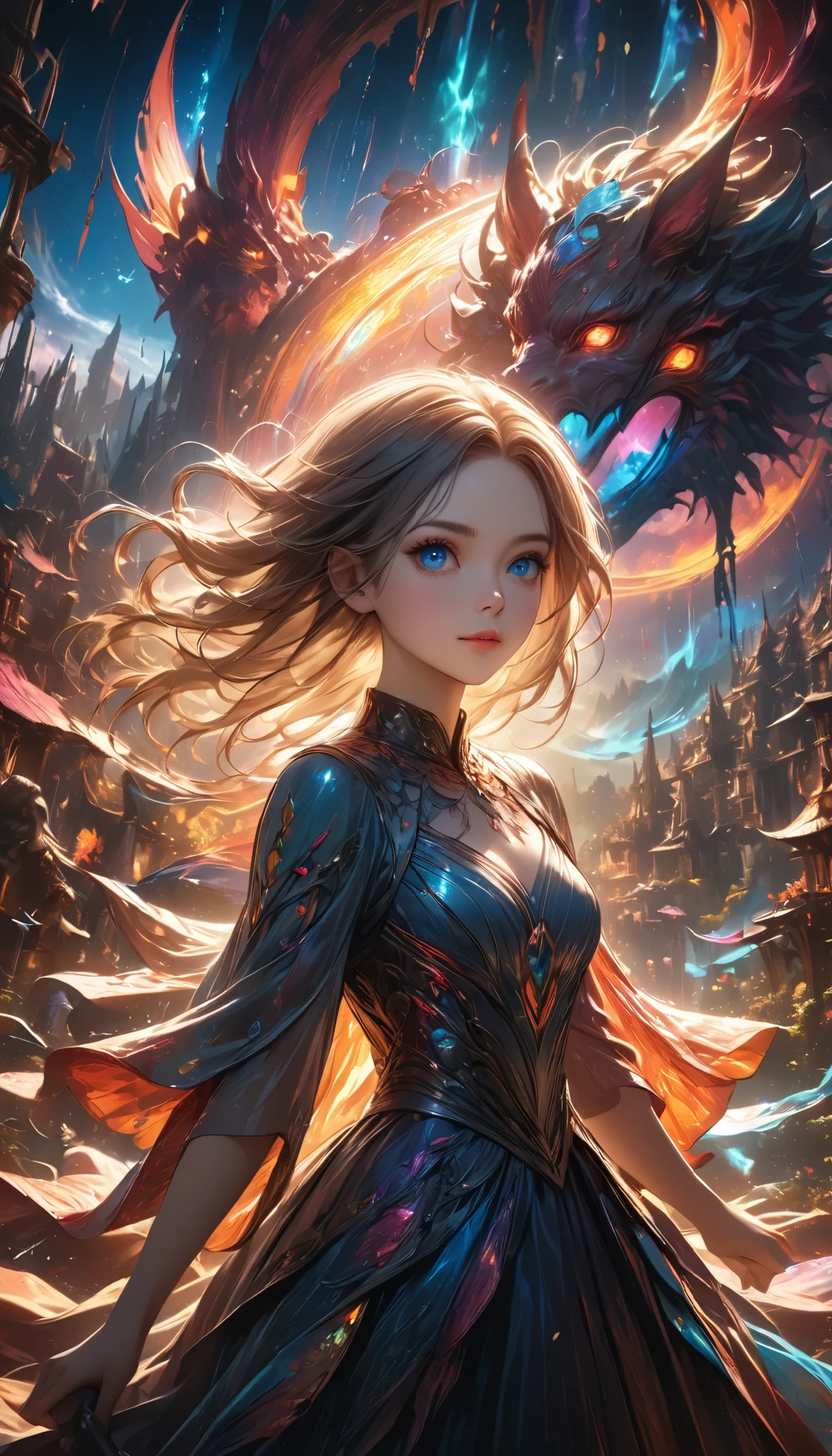 Hey,Scramble Wonder!,beautiful girl,extremely detailed eyes and face,long eyelashes,elegant dress,photogenic,vibrant colors,vivid lighting,dreamy background,fantasy landscape,mystical atmosphere,award-winning digital art,concept art,highly detailed,8k,photorealistic,masterpiece,intricate,cinematic,stunning