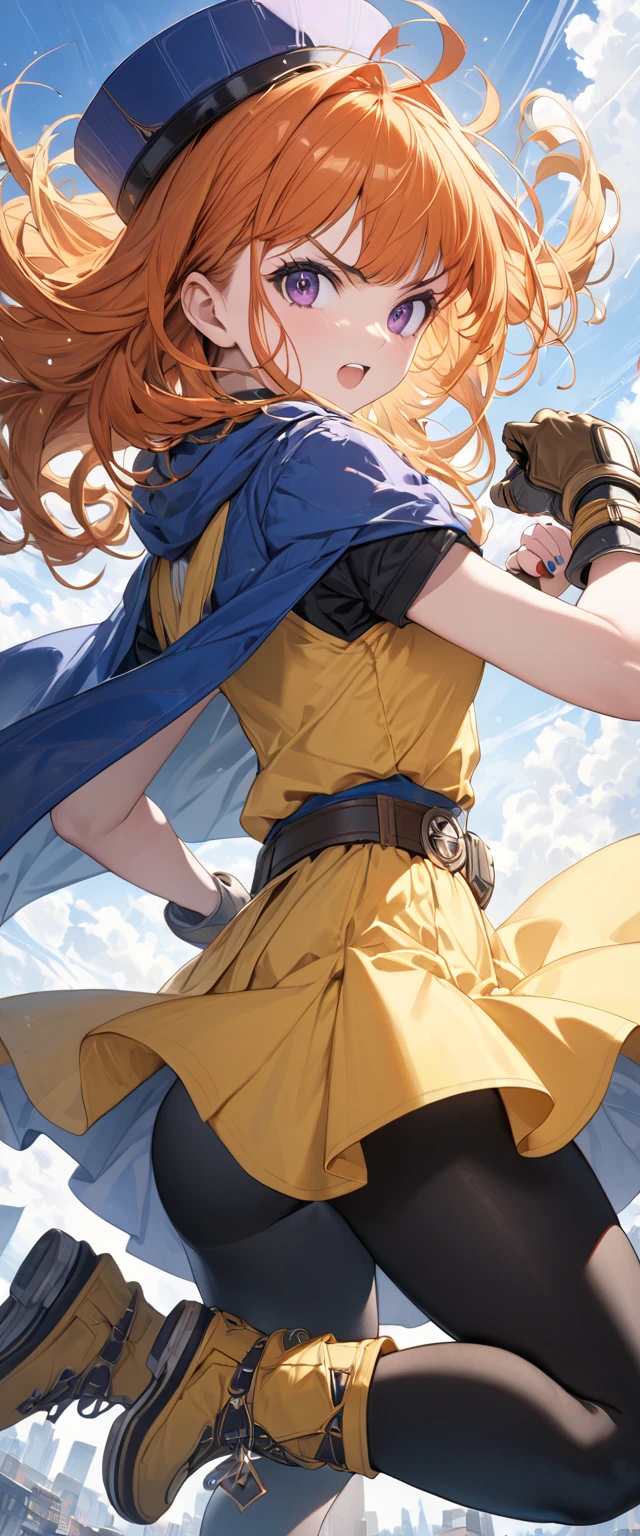 1 girl、High resolution、masterpiece、(Arena - DQ4、DQ4-Arena、Orange straight hair)、low length、thin太もも、thin脚、Small shoulders、thin、Muscular、(Bedroom)、(Have、dress、Cape、belt、gloves、black tights)、Night Grassland,Squat,Leg spread,Holding feet in painting,Angle from directly below,near,Close-up.