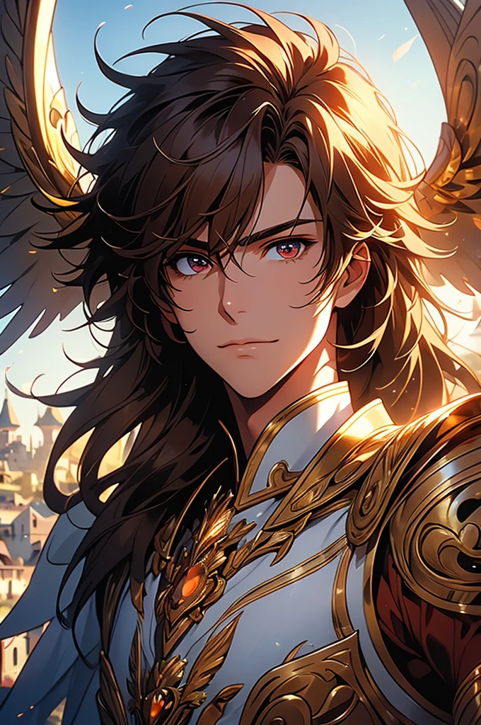 [8k, 32k, ultra quality image, excellence and power] human man, red-brown hair, naturally handsome and attractive face, orange and detailed eyes, gentle and peaceful expression, gentle smile. silver and divine armor, divine armor with wings attached to it and ultra detailed, character looking fixedly at the viewer, background of peaceful village and blue sky, effect of solar lights on the character