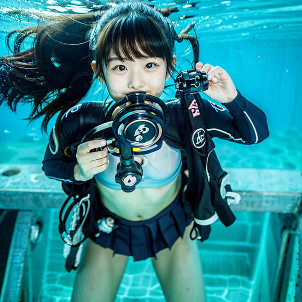 Japanese ********************** holding a scuba regulator mouthpiece without wearing a mask in the pool