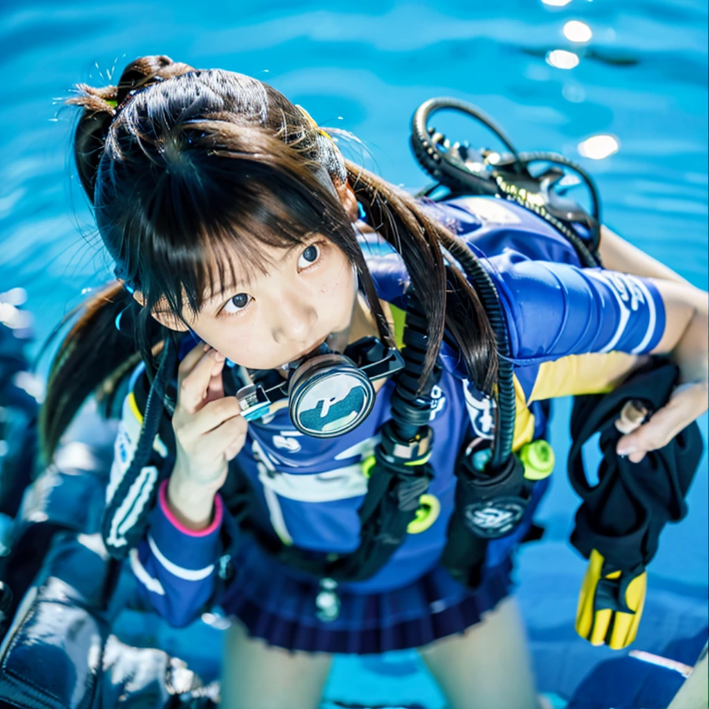 Japanese ********************** holding a scuba regulator mouthpiece without wearing a mask in the pool