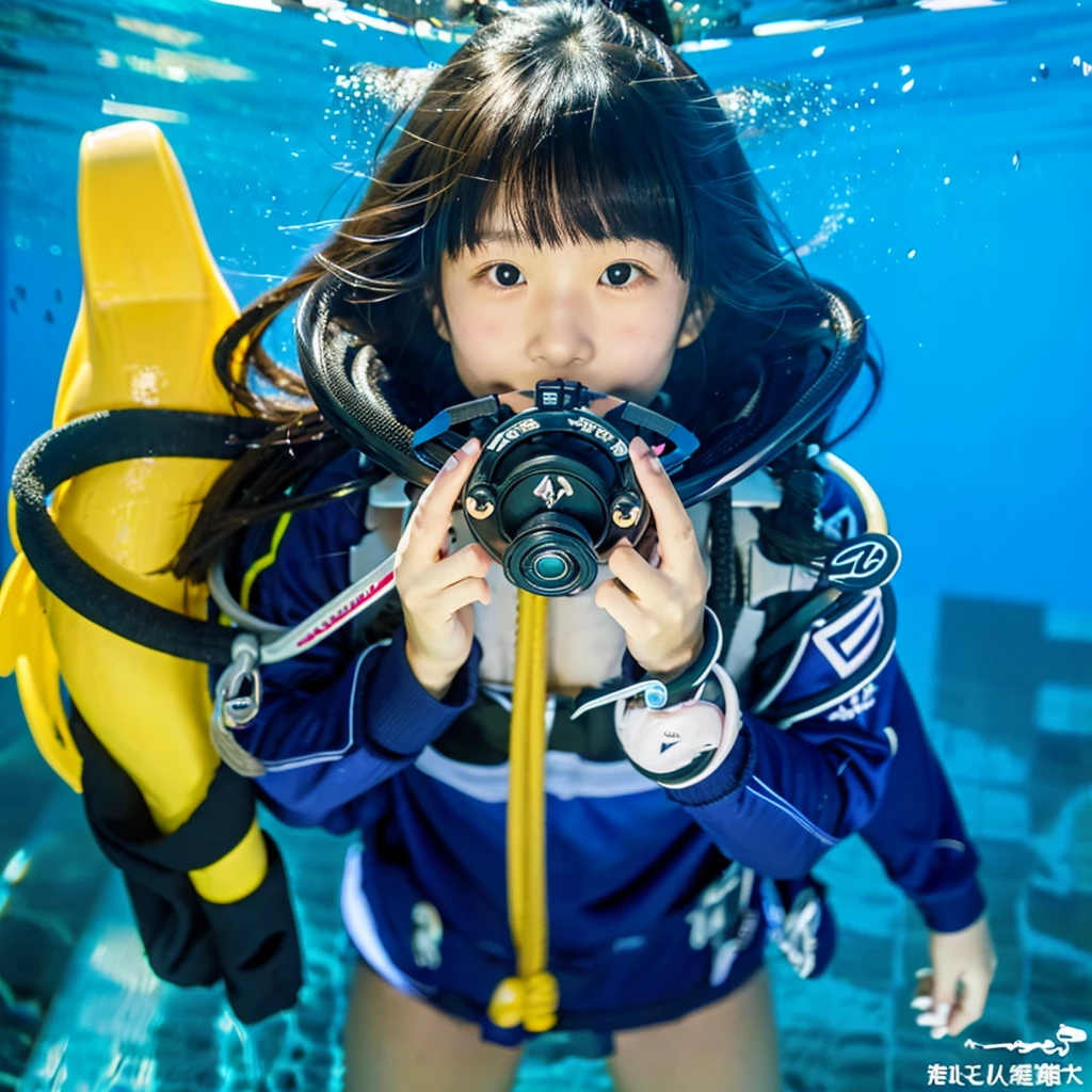 Japanese  holding a scuba regulator mouthpiece without wearing a mask in the pool