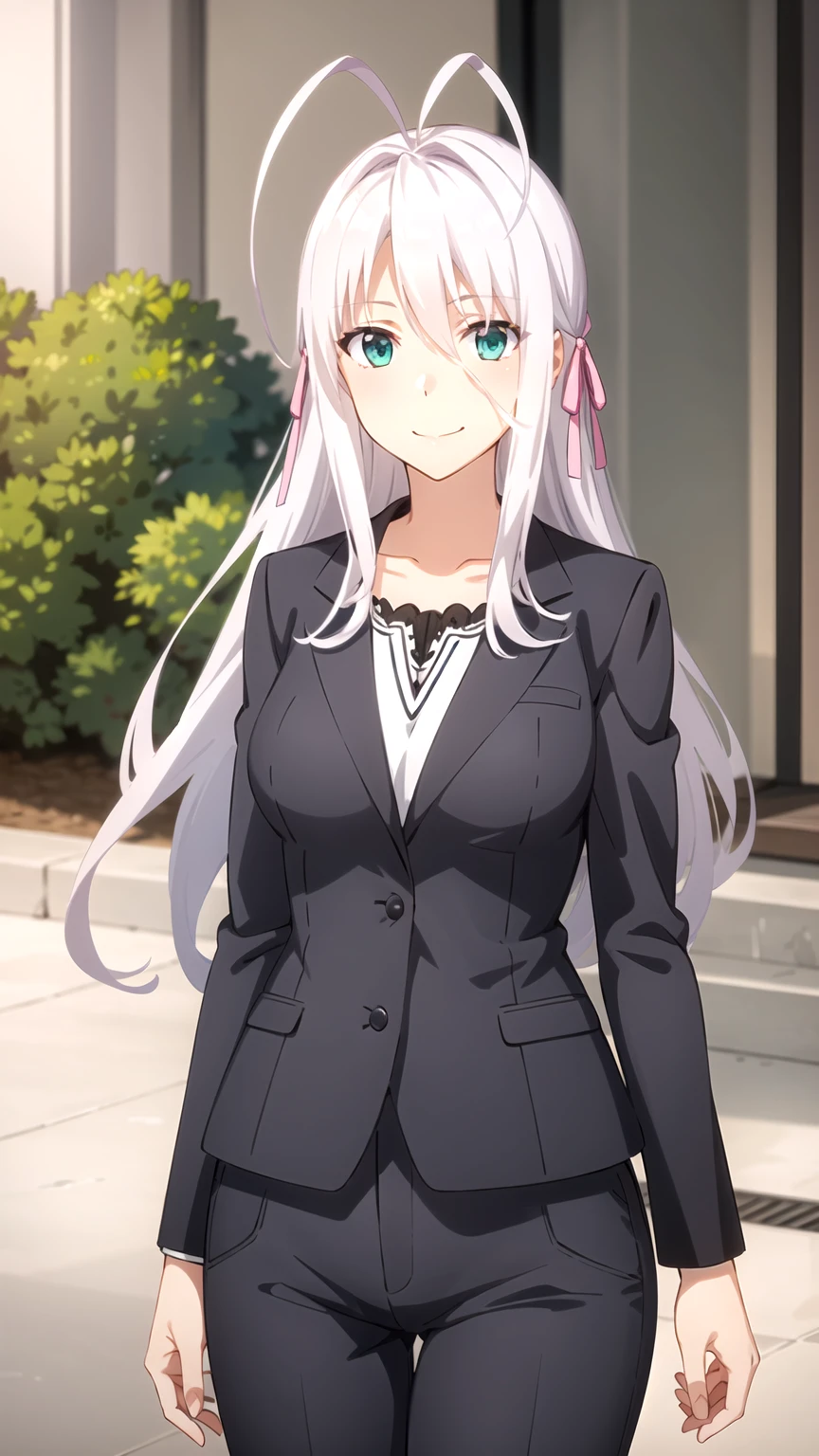 best quality, masterpiece, detailed,
Rossweisse,
1girl, closed mouth, light smile,
grey hair, aqua eyes, antenna hair, long hair, hair ribbon,
black suit, formal, pants,
looking at viewer,
outdoors